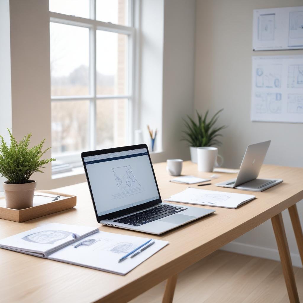 A bright studio desk with a laptop showing a website, a notebook and plants