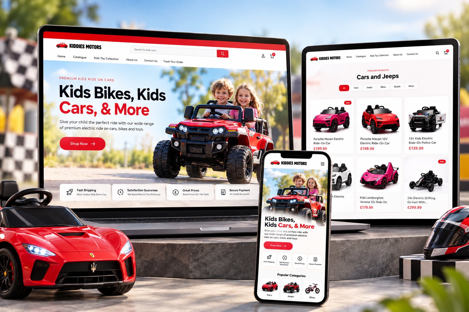 Kiddies Motors store on a laptop, tablet and phone, headed 'Kids Bikes, Kids Cars, & More'